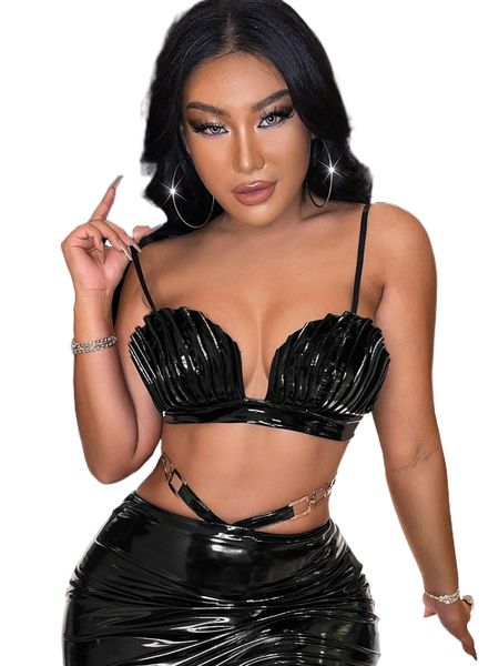 

ruched bust tie back crop pu leather cami g1ef#, White