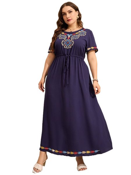 

plus geo embroidery drawstring waist dress r0mh#, Black