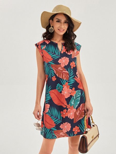 

1pc tropical print notched neckline dress v8z2#, Black;gray