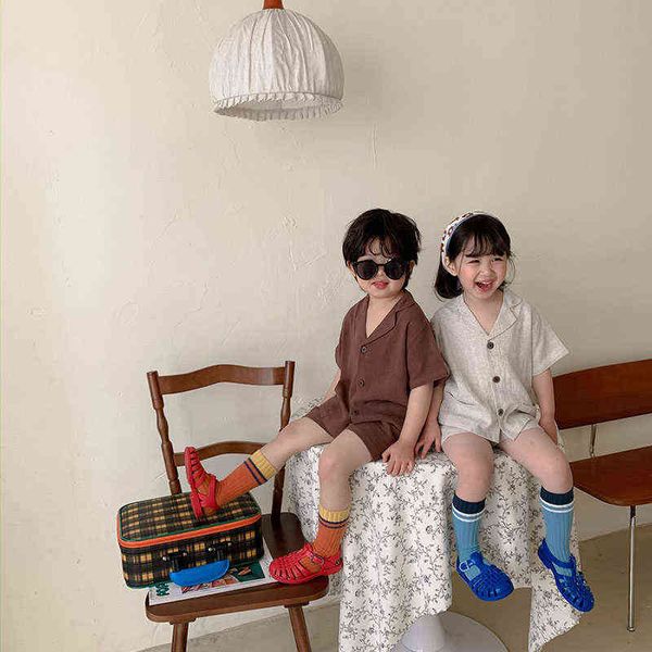 

milancel2022 summer girls clothes v-neck single breasted shirt and linen shorts 2 pcs boys suit aa220316, White