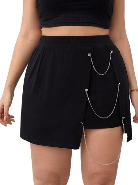 

plus chain detail asymmetrical hem skirt t0g5#, Black
