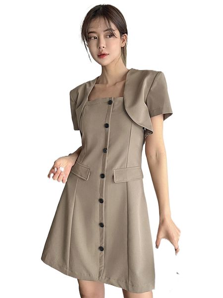

dazy button front flap detail solid cami dress & crop jacket c8sm#, White