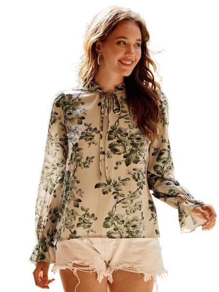 

floral print frill tie neck flounce sleeve blouse v9ko#, White