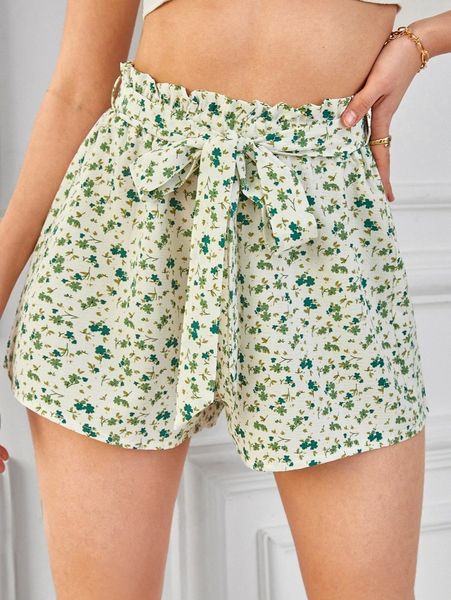 

allover floral print paperbag waist belted shorts a0mf#, White;black