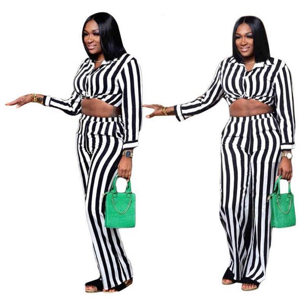 

yy6566 women's designer irregular black-and-white striped fashion open-neck wide-legged pants two-piece set
