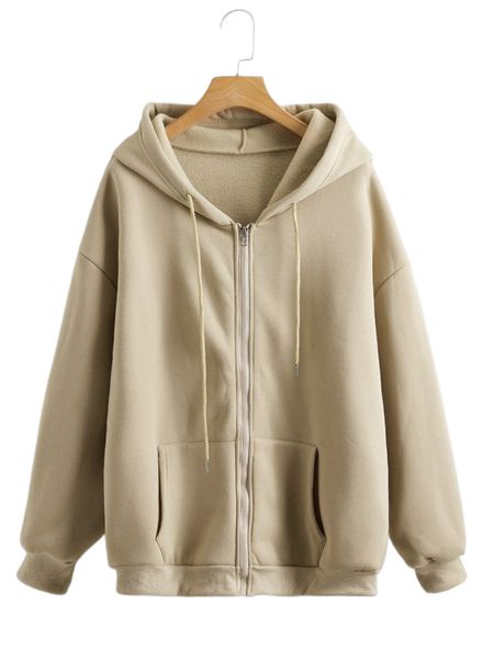 

solid zip up drawstring hooded sweatshirt e301#, Black