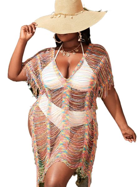 

plus space dye hollow out cover up without bikini set n0p3#, Black
