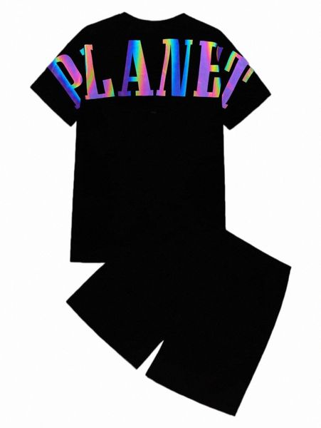 

men reflective letter graphic tee & shorts 21kn#, Gray