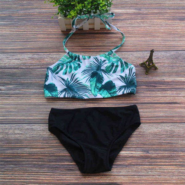 

children's swimsuit split green leaf print bikini swimsuit, White;black