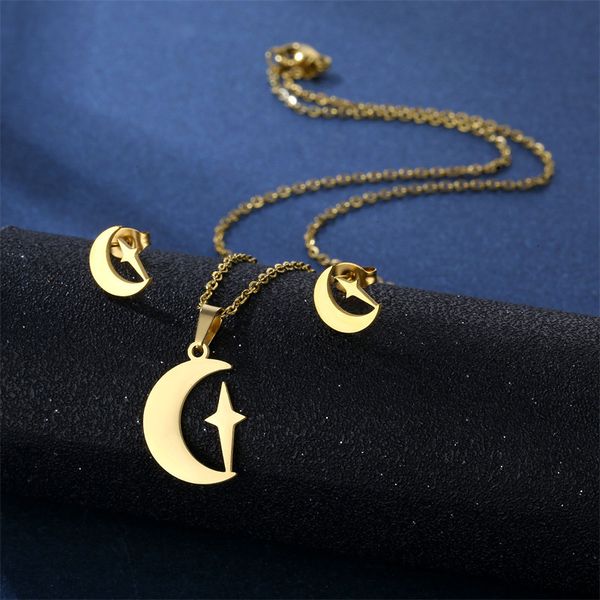 

european and american stainless steel star moon necklace earrings set, Silver