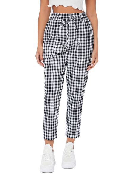 

petite buffalo plaid print tie front pants g2g7#, Black;white