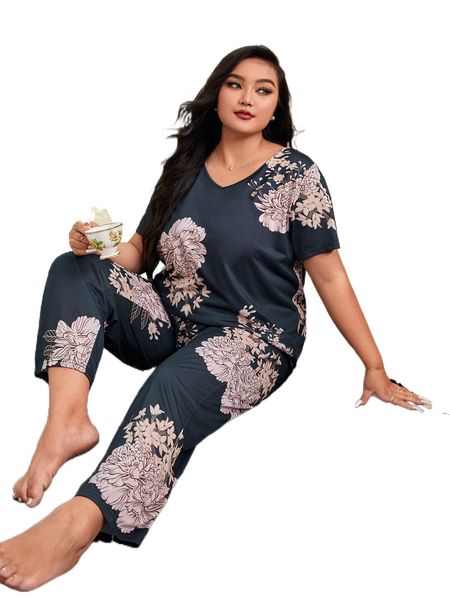

plus floral print pj set d9uv#, Black;white