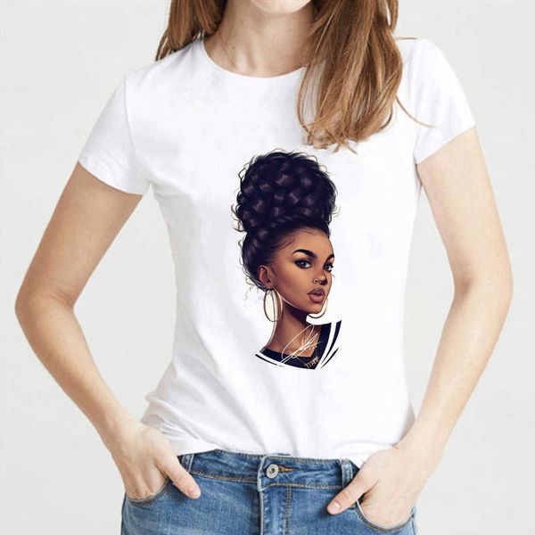 

latest 2022 new design casual cool melanin black girl print female tee round neck plain t-shirt women for summer t shirts, White