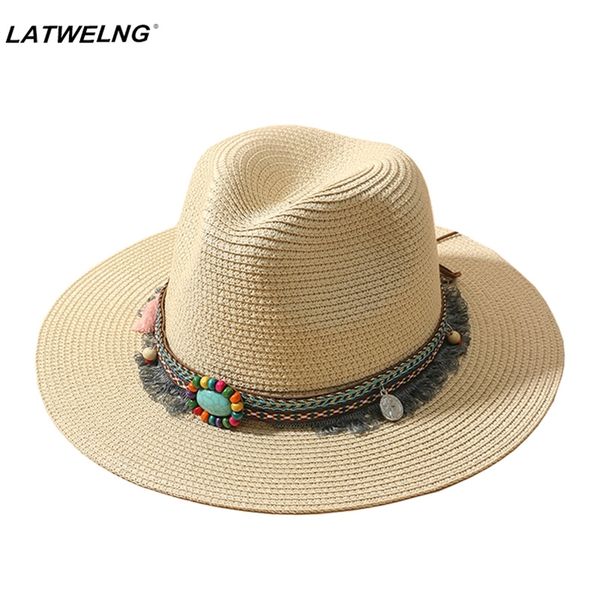 

fashion bohemian sun hat for women foldable beach hats ladies summer paper straw hats white panama travel hat uv protection 220607, Blue;gray