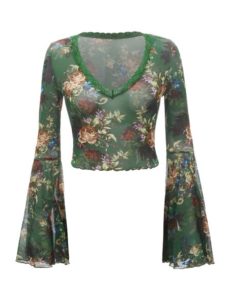 

floral print trumpet sleeve lace detail mesh tee without bra v5lq#, White