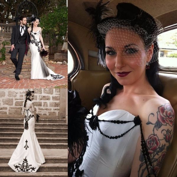 Черные кружевные и белые атласные русалки свадебные платья Милая Готические свадебные платья Vestidos de Novia Robe De Mail Bridal Plasss