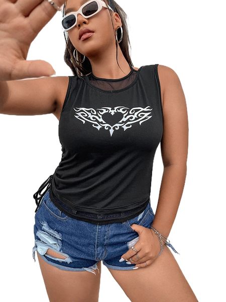 

plus drawstring side heart tank c08z#, Black