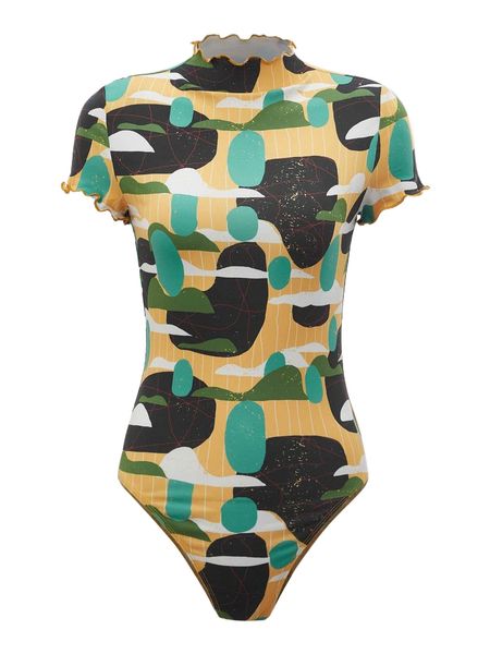 

x orcorum geo print mock neck lettuce trim tee bodysuit h45m#, White