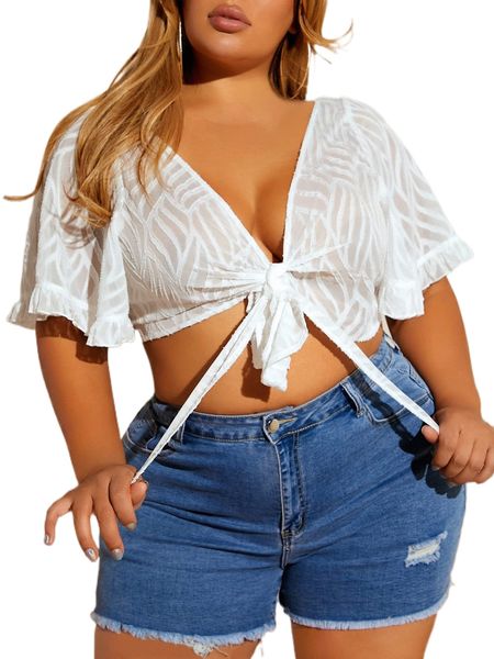 

sxy plus flounce sleeve knot front crop 50tb#, Black