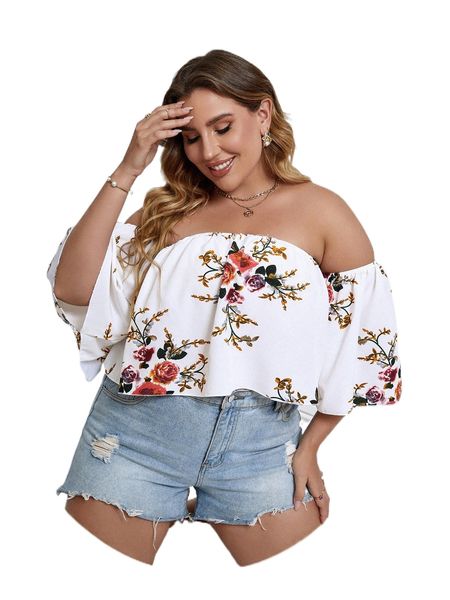 

plus floral print off shoulder blouse q7a3#, Black
