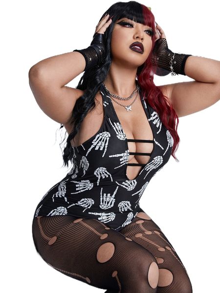 

plus skeleton print harness halter one piece swimsuit x75m#, White;black