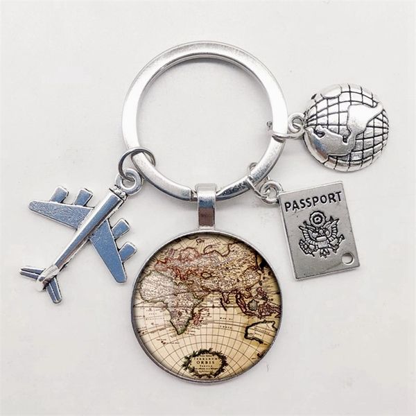 World Map Keychain Travel Exploring Glass Dome Cabachon Aircraft Charm Pendant Men s and Women s Gift Jewelry 220623