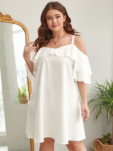 

plus cold shoulder ruffle trim dress 92og#, Black