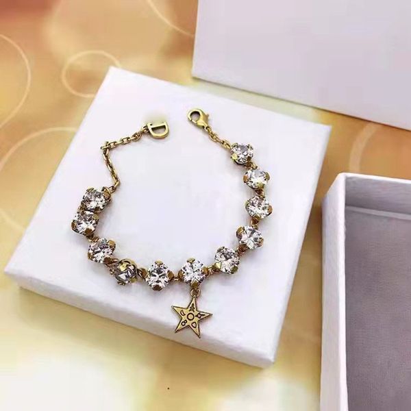 

brand luxury vintage letters charm chain bracelet wedding jewelry prevent allergy star crystal stone pendant bracelets box packing, Golden;silver