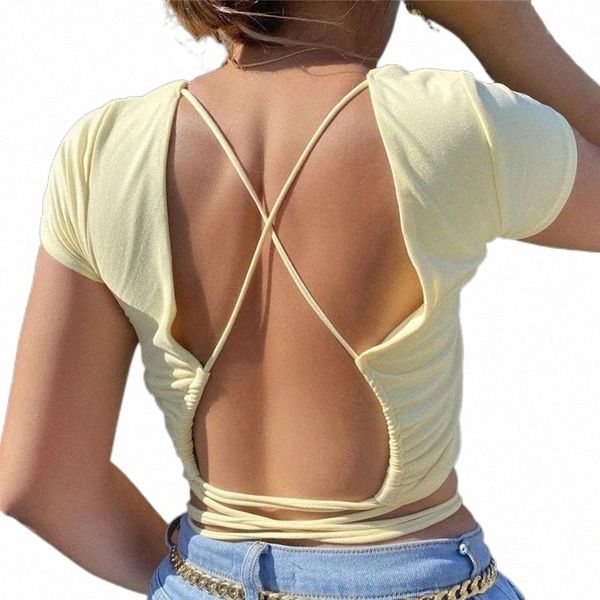 

women's t-shirt backless t shirt black white bandage shirts women rave clothes 2022 short sleeve o neck bodycon crop 05hx#