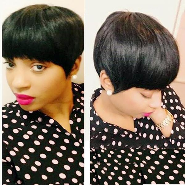 

short human hair wigs pixie cut straight remy brazilian none lace wigd for black women machine made highlight color glueless wig, Black;brown