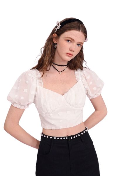 

mod puff sleeve swiss dot sweetheart neck shirred back mesh blouse a8pc#, White