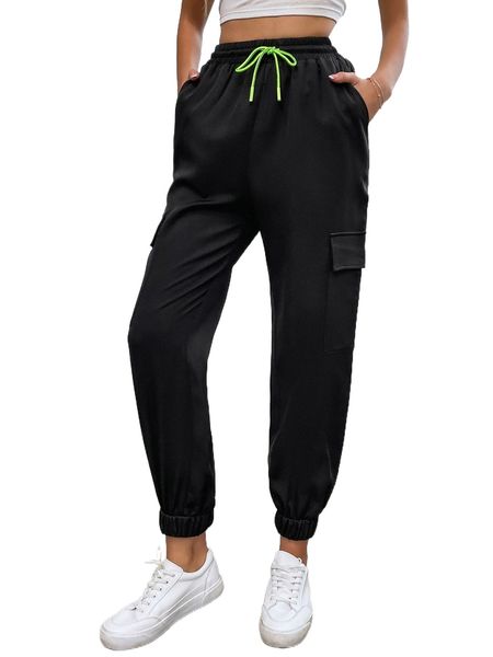 

drawstring waist cargo pants m89e#, Black;white