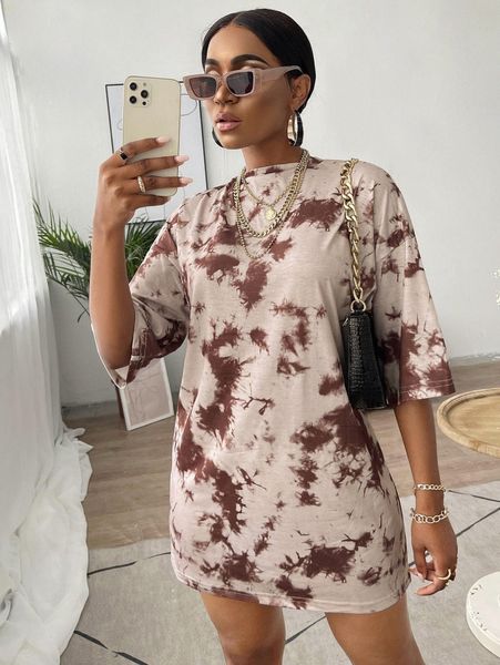 

drop shoulder tie dye tee dress w9t3#, Black;gray