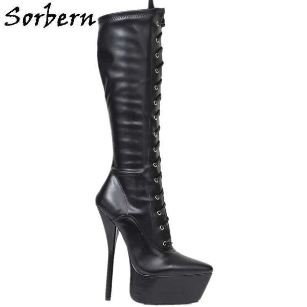 

sorbern matt black lace up boots knee high platform  inch high heels flexiable lace up fetish boot custom wide fit pointy toes