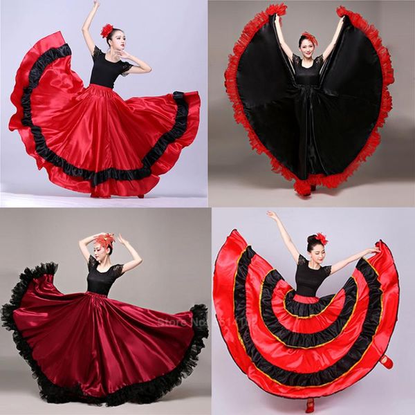 Abbigliamento da palcoscenico Gonna da flamenco tradizionale spagnola per adulti Raso Corrida Volant Altalena da donna Abbigliamento da competizione professionale