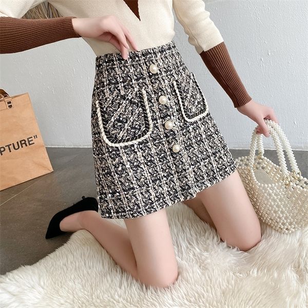 

hepburn style retro elegant skirt women autumn winter high waist woolen bag hip a-line skirt temperament female 220317, Black
