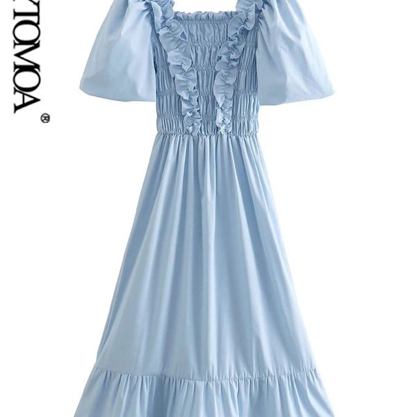 

women fashion with ruffled smocked midi dress vintage square collar puff sleeve female dresses vestidos mujer 220526, Black;gray