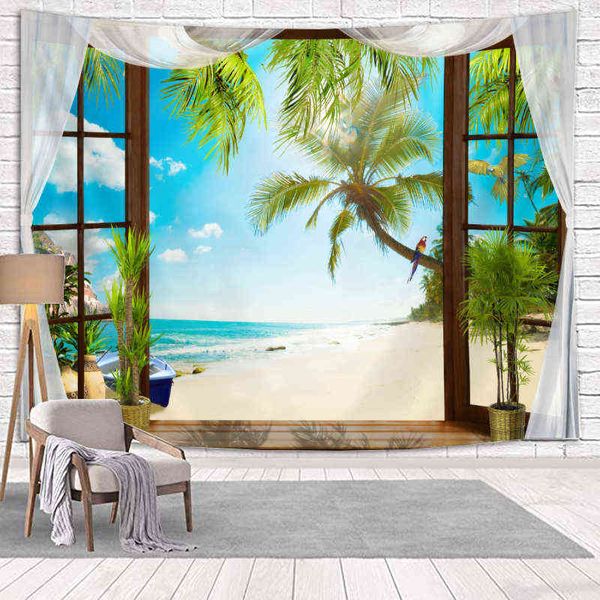 Wandbild Landschaft Schöne Fenster Muster Ziegel Hintergrund Gedruckt Wandteppich Wohnzimmer Schlafzimmer Sofa Wohnkultur Wandbehang J220804