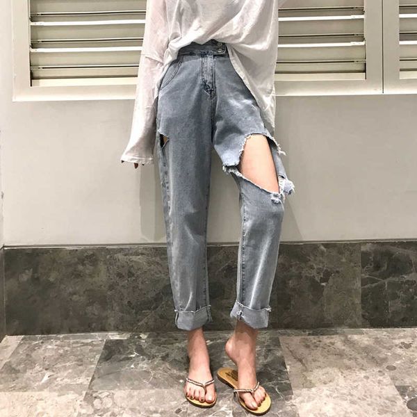 

ins pants wide leg nine points harem insults vintage chic autumn fashion large size loose big hole casual female jeans 210608, Blue