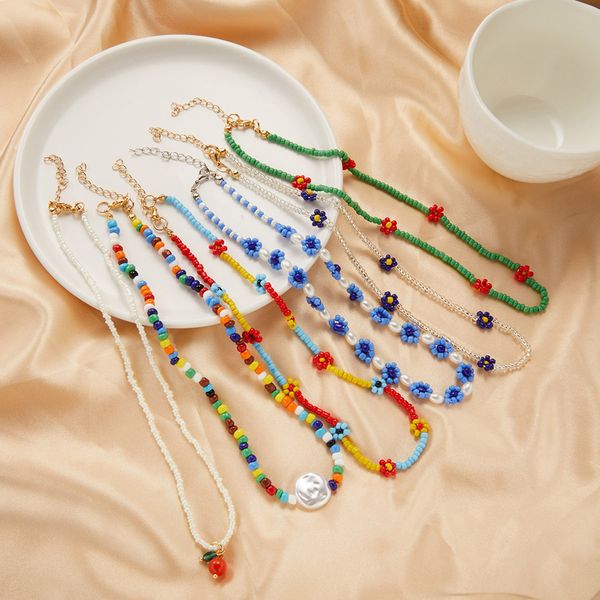 

colorful boho simple seed beads strand necklace women flower string beaded short women jewelry beach chokers gift, Silver