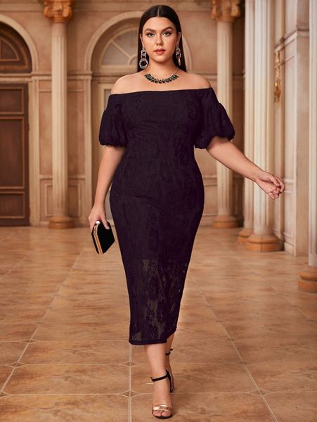 

plus off shoulder lantern sleeve lace dress x6dm#, Black