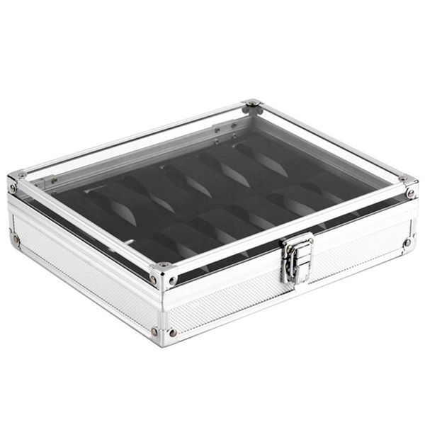 Nützliche Aluminium-Uhrenbox mit 12 Gitterfächern, Schmuck-Display-Aufbewahrung, quadratisches Gehäuse, Wildleder innen, rechteckiger Uhrenhalter 220719