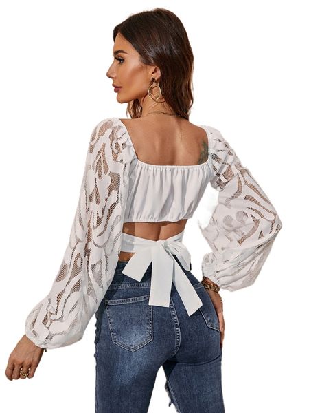 

solid contrast mesh tie back crop blouse t8yx#, White
