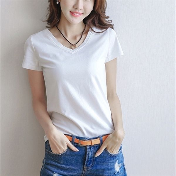 

spring summer women cotton t-shirt black v-neck short sleeve female tee slim white t-shirt casual solid lady tshirt 220322