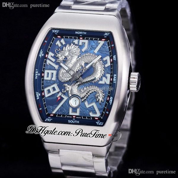 Vanguard v45 3d dragão prateado rei masculino automático relógio de aço de aço dial azul grande marcadores de número de aço inoxidável relógios 5 estilos puretime e242b2