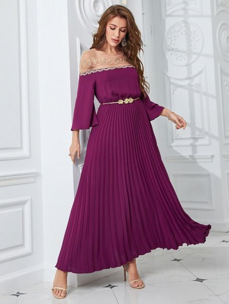 

contrast embroidery mesh pleated belted dress g3ch#, Black;gray