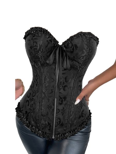 

jacquard grommet lace up back frill trim zipper corset with panty x2rm#, Black;red