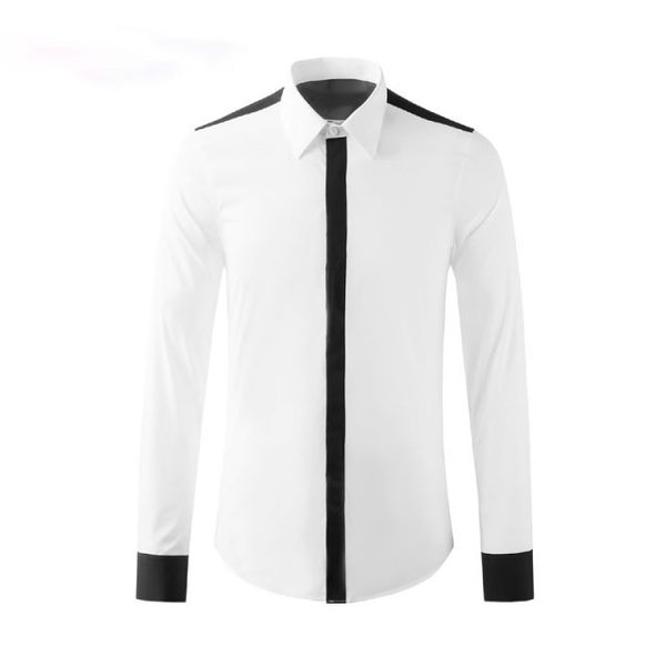 Nova camisa masculina de algodão luxo manga comprida preto webbing splicing casual homens camisas vestido de moda festa festa festa camisas