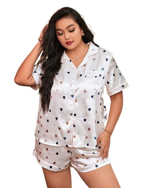 

plus heart print contrast piping satin pj set x2tc#, Black;white