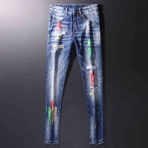 

men's jeans trendy jeans men's 2022 spring personalized spray painting graffiti street fashion slim pants bullet mhuk, Blue